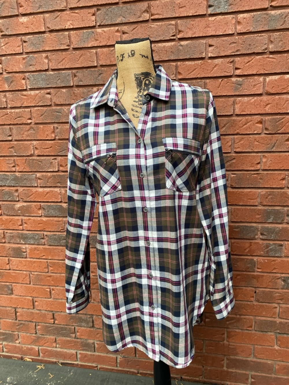 Plaid Button-Front Flannel Shirt in Olive, Burgundy & Cream S